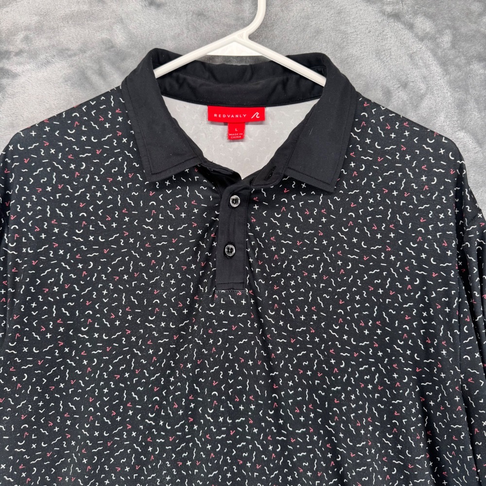 REDVANLY Mens Golf Polo Shirt Black Abstract Print Size Large Short‎ Sleeve